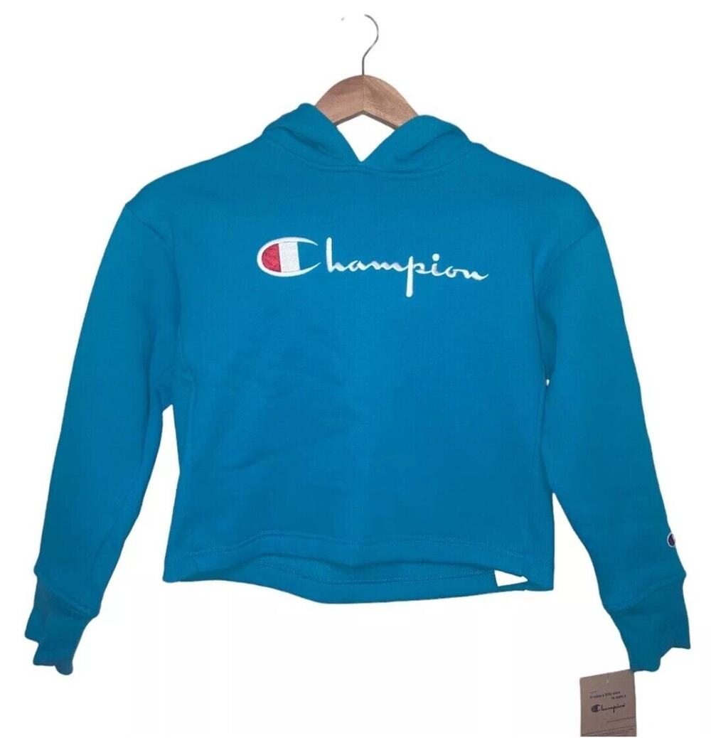 Champion Crop Hoodie Tempo Teal Youth Girl Sweater Size L